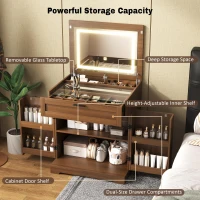 Versatile 3-in-1 Flip Top Makeup Vanity Cabinet with LED Lighted Mirror, Rustic Dressing Table for Bedroom, 26.5'' L x 19.5" W x 29.5" H, Walnut(m-4)