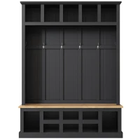 Farmhouse Hall Tree Coat Rack with 13 Compartments, Shoe Storage Bench Unit with Wide Storage Seating Bench, 59'' L x 18'' W x 79'' H, Black(m-2)