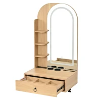 Modern Floating Makeup Vanity with Arched Mirror, Outlet and 3-Color Lights, Versatile Wall Vanity for Bedrooms, 23'' L x 15.5" W x 48" H, Natural(m-13)