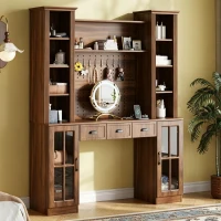Farmhouse Makeup Vanity with LED Mirror and Power Outlet, Chic Dressing Desk with Jewelry Organizer, 54.5'' L x 15.5" W x 70" H, Walnut(m-1)