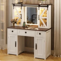 Farmhouse Dressing Vanity Desk with 3-Colour LED Lighted Mirror, Modern Makeup Table Unit with 3 Drawers, 43.5'' L x 15.5'' W x 53.5'' H, Beige(m-1)