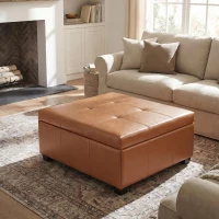 Retro-Chic Square Ottoman with Storage and Faux Leather, Versatile Coffee Table for Living Room and Bedroom, 34'' L x 34" W x 18.5" H, Caramel(m-1)