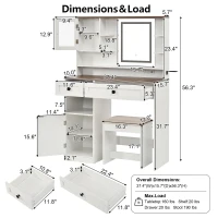 Farmhouse Makeup Vanity with LED Mirror and Outlet, Chic Dressing Table with Drawers and Stool, 37.5'' L x 15.5" W x 56" H, White+Walnut(m-3)