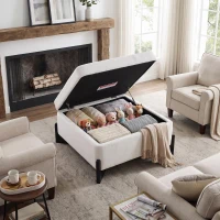 Modern Large Square Ottoman with Faux Leather and Hidden Storage, Versatile Coffee Table for Living Room, 30.5'' L x 30.5" W x 17.5" H, White(m-4)