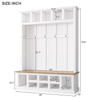 Farmhouse Hall Tree Coat Rack with 13 Compartments, Shoe Storage Bench Unit with Wide Storage Seating Bench, 59'' L x 18'' W x 79'' H, White(m-3)