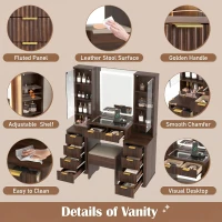 Elegant Fluted Dressing Vanity Desk with 3-Colour LED Mirror, Modern Makeup Table Unit with 10 Drawers, 43.5'' L x 15.5'' W x 54.5'' H, Brown(m-4)