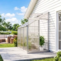 Outsunny 6' x 4' Aluminum Lean-to Greenhouse Polycarbonate Walk-in Garden Greenhouse with Adjustable Roof Vent, Rain Gutter and Sliding Door for Winter, Clear(m-9)