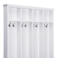 Farmhouse Hall Tree Coat Rack with 8 Retro Hooks, Shoe Bench Unit with 8 Storage Compartments, 59'' L x 15.5'' W x 76.5'' H, White(m-9)