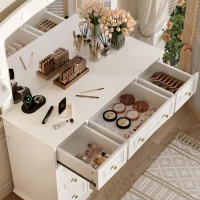 Luxurious Dressing Vanity Desk with 10 Hollywood Bulbs, Modern Makeup Table Set with 9 Storage Drawers, 44'' L x 15.5'' W x 53.5'' H, White(m-10)