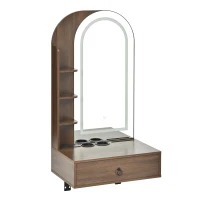 Modern Floating Makeup Vanity with Arched Mirror, Outlet and 3-Color Lights, Versatile Wall Vanity for Bedrooms, 23'' L x 15.5" W x 48" H, Walnut(m-13)