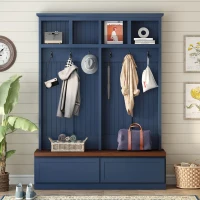 Rustic Farmhouse 4-in-1 Hall Tree Coat Rack with 2 Large Drawers, Shoe Storage Bench Unit with 6 Hooks, 53'' L x 15'' W x 75.5'' H, Blue(m-8)