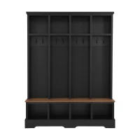 Farmhouse Hall Tree Coat Rack with 8 Retro Hooks, Shoe Bench Unit with 8 Storage Compartments, 59'' L x 15.5'' W x 76.5'' H, Black(m-2)