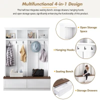 Rustic Farmhouse 4-in-1 Hall Tree Coat Rack with 2 Large Drawers, Shoe Storage Bench Unit with 6 Hooks, 53'' L x 15'' W x 75.5'' H, White(m-5)