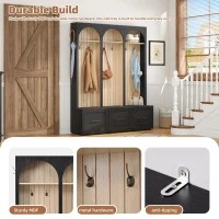 Farmhouse Hall Tree Coat Rack with 3 Arches and 8 Retro Hooks, Shoe Storage Bench Unit with 3 Drawers, 59'' L x 15.5'' W x 75'' H, Black(m-6)