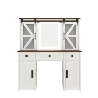 Farmhouse Dressing Vanity Desk with 3-Colour LED Lighted Mirror, Modern Makeup Table Unit with 3 Drawers, 43.5'' L x 15.5'' W x 53.5'' H, Beige(m-2)