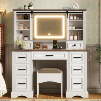 Farmhouse Dressing Vanity Desk with Sliding 3-Colour LED Mirror, Modern Makeup Table Unit with 9 Drawers, 47'' L x 15.5'' W x 55'' H, Brown+White(m-8)