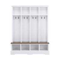 Farmhouse Hall Tree Coat Rack with 8 Retro Hooks, Shoe Bench Unit with 8 Storage Compartments, 59'' L x 15.5'' W x 76.5'' H, White(m-2)