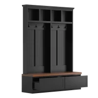 Rustic Farmhouse 4-in-1 Hall Tree Coat Rack with 2 Large Drawers, Shoe Storage Bench Unit with 6 Hooks, 53'' L x 15'' W x 75.5'' H, Black(m-12)