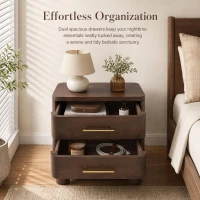 Chic Nightstand with 2 Drawers, Rounded Corners and Gold Handles, Versatile Storage Cabinet for Bedroom, 23.5'' L x 15.5" W x 22.5" H, Brown Oak(m-4)