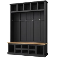 Farmhouse Hall Tree Coat Rack with 13 Compartments, Shoe Storage Bench Unit with Wide Storage Seating Bench, 59'' L x 18'' W x 79'' H, Black(m-15)