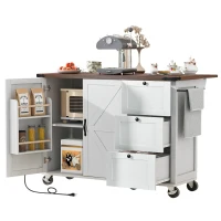 Farmhouse Kitchen Island with Power Outlet and Drop Leaf, Versatile Rolling Cart with Spice Rack and Storage, 54.5'' L x 28.5" W x 36.5" H, White(m-14)