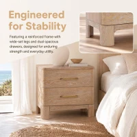 Modern Nightstand with 2 Drawers, Rounded Corners and Gold Handles, Versatile Storage Cabinet for Bedroom, 23.5'' L x 15.5" W x 22.5" H, Natural(m-5)