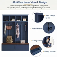 Rustic Farmhouse 4-in-1 Hall Tree Coat Rack with 2 Large Drawers, Shoe Storage Bench Unit with 6 Hooks, 53'' L x 15'' W x 75.5'' H, Blue(m-6)