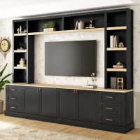 Rustic Farmhouse Entertainment Centre with 6 Storage Drawers, Modern TV Wall Unit with Adjustable Shelves, 98.5'' L x 15.5'' W x 79.5'' H, Black(m-1)