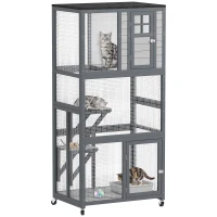 PawHut 74" Wooden Outdoor Cat House Catio with High Weight Capacity, Cat Cage Condo, Dark Gray(m-11)