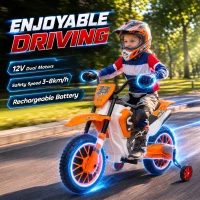 Aosom 12V Kids Motorcycle with Dual Motors, Training Wheels, Rear Suspension, Soft Start, Max Speed 5 MPH, Ages 3-6, Orange(m-4)