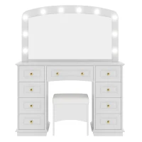 Luxurious Dressing Vanity Desk with 10 Hollywood Bulbs, Modern Makeup Table Set with 9 Storage Drawers, 44'' L x 15.5'' W x 53.5'' H, White(m-2)