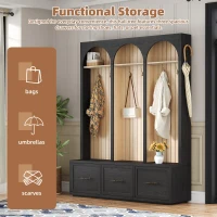 Farmhouse Hall Tree Coat Rack with 3 Arches and 8 Retro Hooks, Shoe Storage Bench Unit with 3 Drawers, 59'' L x 15.5'' W x 75'' H, Black(m-5)