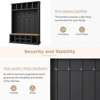 Farmhouse Hall Tree Coat Rack with 13 Compartments, Shoe Storage Bench Unit with Wide Storage Seating Bench, 59'' L x 18'' W x 79'' H, Black(m-7)