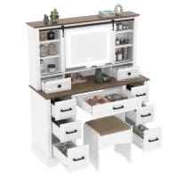 Farmhouse Dressing Vanity Desk with Sliding 3-Colour LED Mirror, Modern Makeup Table Unit with 9 Drawers, 47'' L x 15.5'' W x 55'' H, Brown+White(m-11)