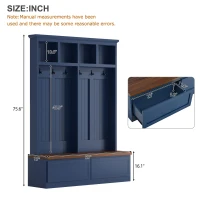 Rustic Farmhouse 4-in-1 Hall Tree Coat Rack with 2 Large Drawers, Shoe Storage Bench Unit with 6 Hooks, 53'' L x 15'' W x 75.5'' H, Blue(m-3)