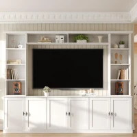 Rustic Farmhouse Entertainment Centre with 7 Adjustable Shelves, Modern TV Wall Unit with Panelled Doors, 95.5'' L x 15.5'' W x 76.5'' H, White(m-8)