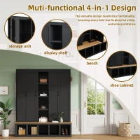 Rustic 4-in-1 Hall Tree Coat Rack with 4 Cabinets and 6 Sturdy Hooks, Shoe Storage Bench Unit for Mudroom, 63'' L x 15.5'' W x 76.5'' H, Black(m-6)
