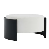 Chic Round Ottoman with Curved Wood-Grain and High-Density Foam, Versatile Coffee Table for Living Room, 32'' L x 32" W x 17.5" H, White+Black(m-9)