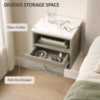 HOMCOM Floating Bedside Tables Set of 2 with Drawer, Open Storage and White Marble Effect Top for Bedroom, Natural(m-6)
