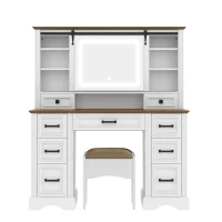 Farmhouse Dressing Vanity Desk with Sliding 3-Colour LED Mirror, Modern Makeup Table Unit with 9 Drawers, 47'' L x 15.5'' W x 55'' H, Brown+White(m-2)