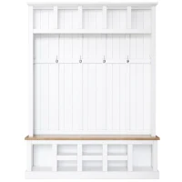 Farmhouse Hall Tree Coat Rack with 13 Compartments, Shoe Storage Bench Unit with Wide Storage Seating Bench, 59'' L x 18'' W x 79'' H, White(m-2)