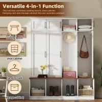 Rustic Farmhouse Hall Tree with 8 Storage Doors, Heavy-Duty Shoe Storage Bench Unit with 4 Bottom Compartments, 59'' L x 15.5'' W x 75'' H, White(m-5)