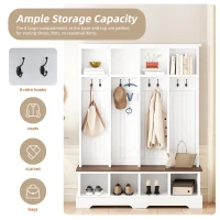 Farmhouse Hall Tree Coat Rack with 8 Retro Hooks, Shoe Bench Unit with 8 Storage Compartments, 59'' L x 15.5'' W x 76.5'' H, White(m-6)