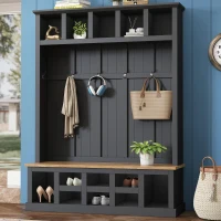 Farmhouse Hall Tree Coat Rack with 13 Compartments, Shoe Storage Bench Unit with Wide Storage Seating Bench, 59'' L x 18'' W x 79'' H, Black(m-1)