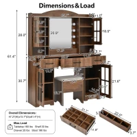 Farmhouse Makeup Vanity with Lighted Mirror and Power Outlet, Chic Dressing Table with Drawers and Stool, 47'' L x 15.5" W x 61.5" H, Walnut(m-3)