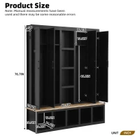 Rustic 4-in-1 Hall Tree Coat Rack with 4 Cabinets and 6 Sturdy Hooks, Shoe Storage Bench Unit for Mudroom, 63'' L x 15.5'' W x 76.5'' H, Black(m-3)