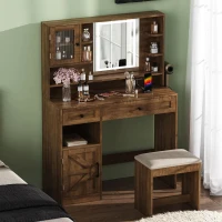 Farmhouse Makeup Vanity with LED Mirror and Outlet, Chic Dressing Table with Drawers and Padded Stool, 37.5'' L x 15.5" W x 56" H, Rustic Brown(m-9)