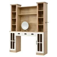 Farmhouse Makeup Vanity with LED Mirror and Power Outlet, Chic Dressing Desk with Jewelry Organizer, 54.5'' L x 15.5" W x 70" H, Natural+White(m-14)