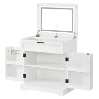Versatile 3-in-1 Flip Top Makeup Vanity Cabinet with LED Lighted Mirror, Rustic Dressing Table for Bedroom, 26.5'' L x 19.5" W x 29.5" H, White(m-13)