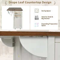 Farmhouse Kitchen Island with Power Outlet, Drop Leaf and Sliding Barn Doors, Versatile Rolling Cart for Kitchen, 53.5'' L x 18.5" W x 37" H, White(m-7)